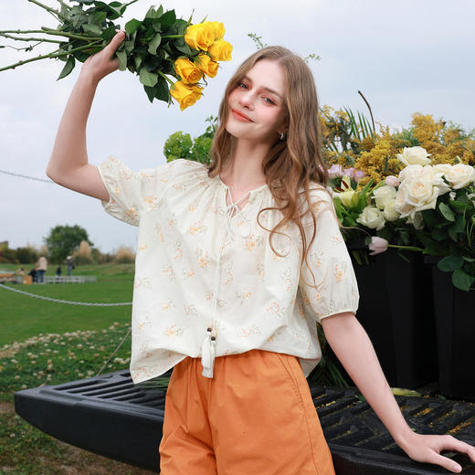 【100棉】三彩2026夏季新款印花绣花小衫宽松系带娃娃衫上衣M 商品图1