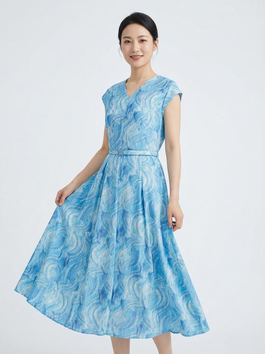 SC2S67_窃蓝色_连衣裙_夏季_V领盖肩短袖腰带收腰 A 字大摆中长款_高级女装_BERNIEELEN 伯妮斯茵 商品图1