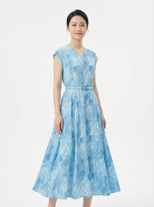 SC2S67_窃蓝色_连衣裙_夏季_V领盖肩短袖腰带收腰 A 字大摆中长款_高级女装_BERNIEELEN 伯妮斯茵 商品图2