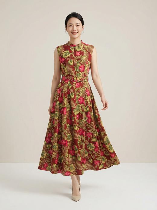 SC2S68_枣红色_连衣裙_夏季_立领无袖半开襟腰带收腰 A 字大摆中长款_高级女装_BERNIEELEN 伯妮斯茵 商品图0