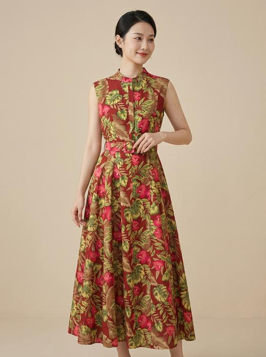 SC2S68_枣红色_连衣裙_夏季_立领无袖半开襟腰带收腰 A 字大摆中长款_高级女装_BERNIEELEN 伯妮斯茵 商品图1