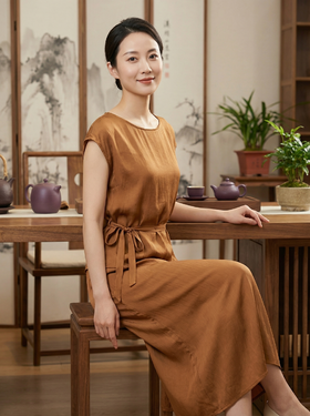 SC2HB02_栗壳色_半裙_春夏_腰直筒垂感中长款香云纱质感_高级女装_BERNIEELEN 伯妮斯茵