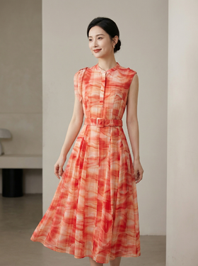 SC2S66_盈盈色_连衣裙_春夏_立领无袖腰带收腰A字大摆中长款_高级女装_BERNIEELEN 伯妮斯茵