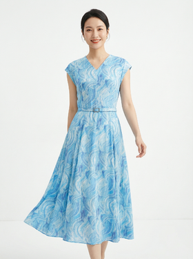 SC2S67_窃蓝色_连衣裙_夏季_V领盖肩短袖腰带收腰 A 字大摆中长款_高级女装_BERNIEELEN 伯妮斯茵