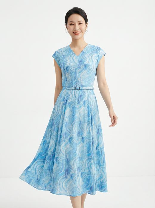 SC2S67_窃蓝色_连衣裙_夏季_V领盖肩短袖腰带收腰 A 字大摆中长款_高级女装_BERNIEELEN 伯妮斯茵 商品图0