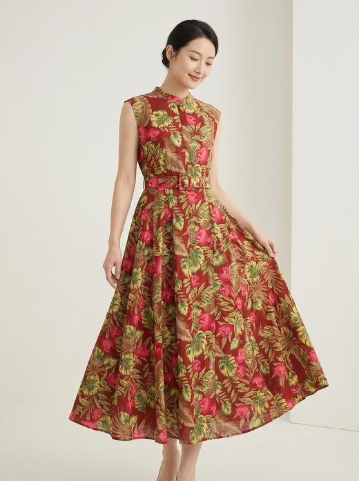 SC2S68_枣红色_连衣裙_夏季_立领无袖半开襟腰带收腰 A 字大摆中长款_高级女装_BERNIEELEN 伯妮斯茵 商品图2