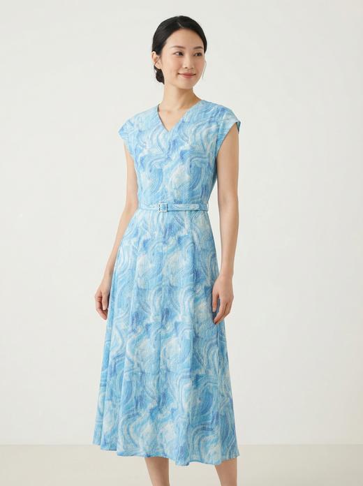 SC2S67_窃蓝色_连衣裙_夏季_V领盖肩短袖腰带收腰 A 字大摆中长款_高级女装_BERNIEELEN 伯妮斯茵 商品图3