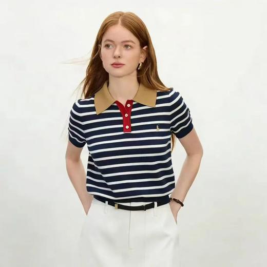 L@uren拉夫家/小马刺绣标女款翻领条纹针织polo衫 商品图0