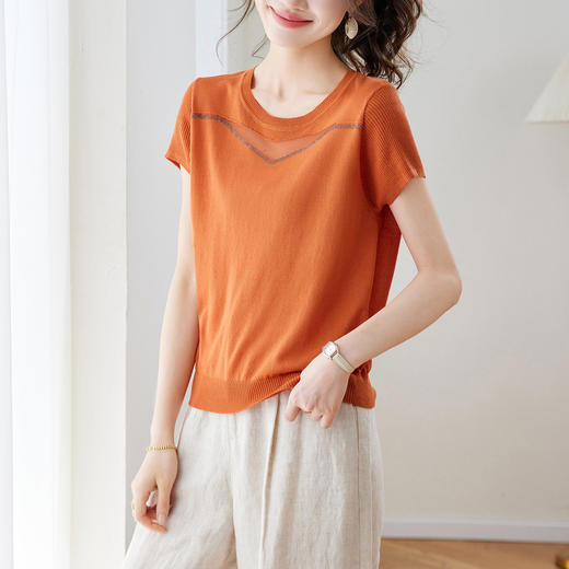 「自」全新升级【铂金会员174/天猫229/差价55】(03626)洛诗琳设计感镂空冰丝针织短袖女2026新款宽松圆领显瘦T恤 商品图3
