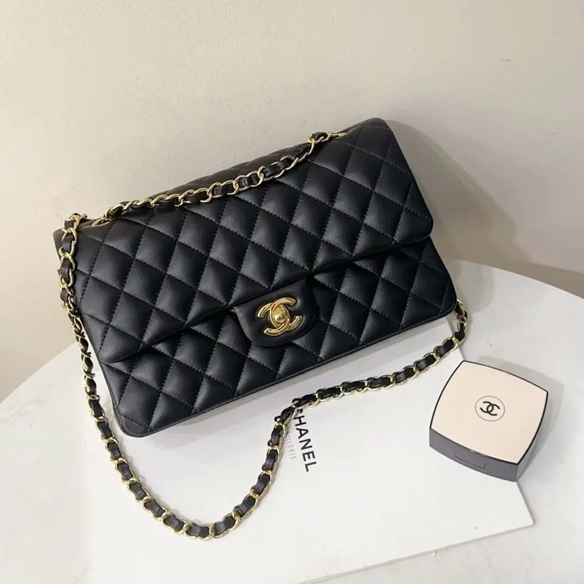 Chanel CF  中号 黑金 羊皮 单肩包