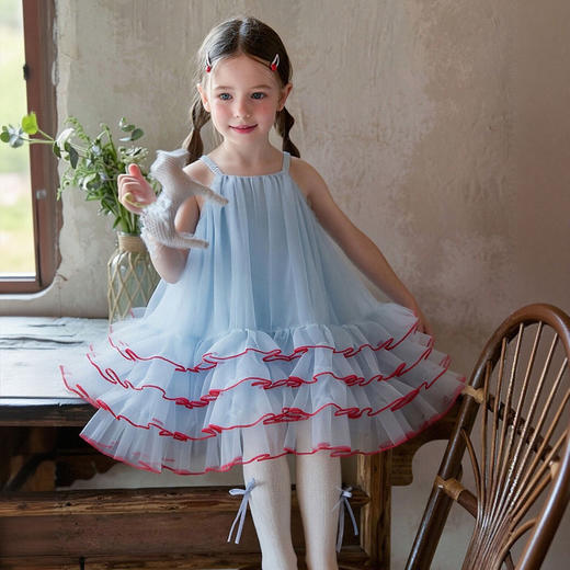 【清凉透气！甜美亮眼】女童蓝色连衣裙2026夏季宝宝甜美沙滩公主裙儿童吊带蓬蓬礼服纱裙。xb 商品图1