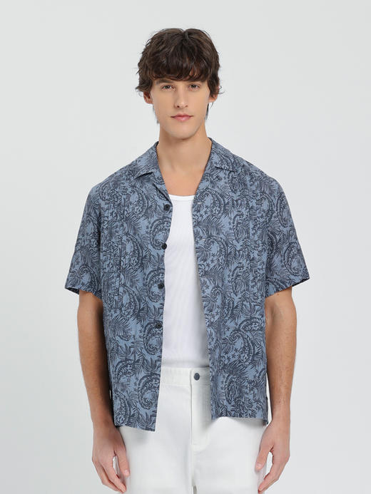 callisto蓝色莱赛尔混纺亚麻植物印花短袖衬衫 商品图2