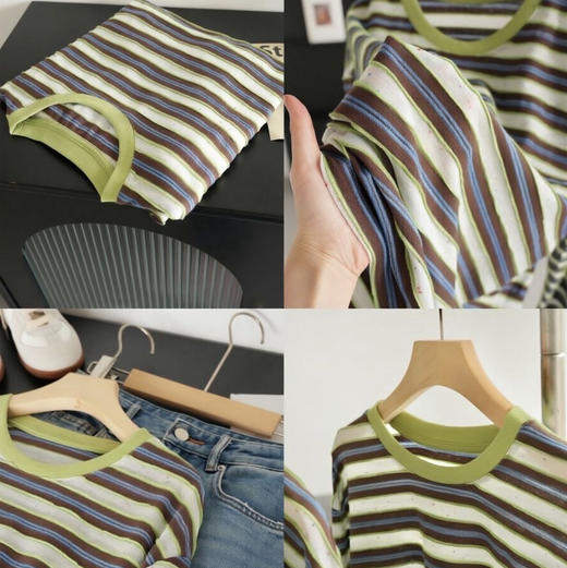 【显白牛油果条纹T恤】牛油果绿+蓝棕立体撞色条纹 面料轻薄透气 长袖or短袖 商品图5