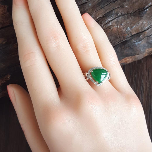 【天然正品】A货翡翠AU750白金镶钻镶天然细腻糯种满绿水滴蛋面翡翠戒指 14.5号（戒圈可改）141125AH16 商品图8