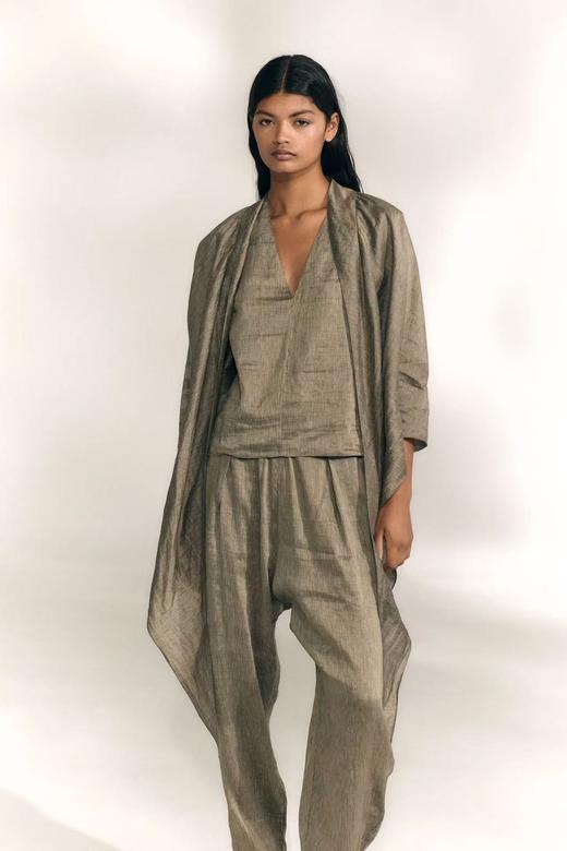 Cortana 26SS 灰棕细条纹手织丝麻ARIA系带夹克 商品图3