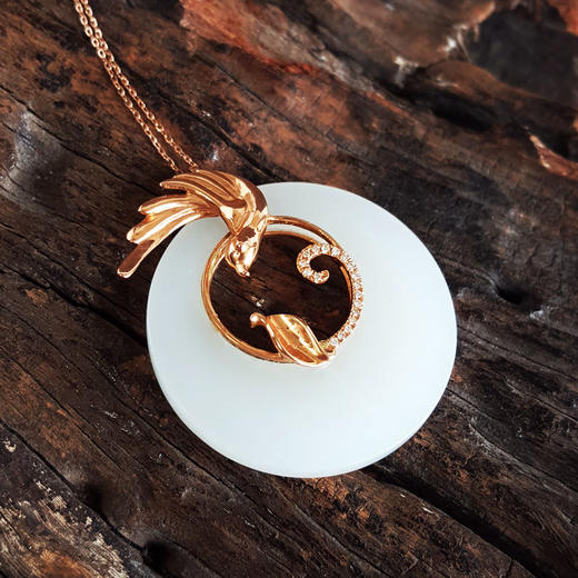 【天然正品】AU750玫瑰金镶钻镶天然细腻油润度佳喜鹊衔枝造型平安扣和田玉吊坠项链230326HS20 商品图3