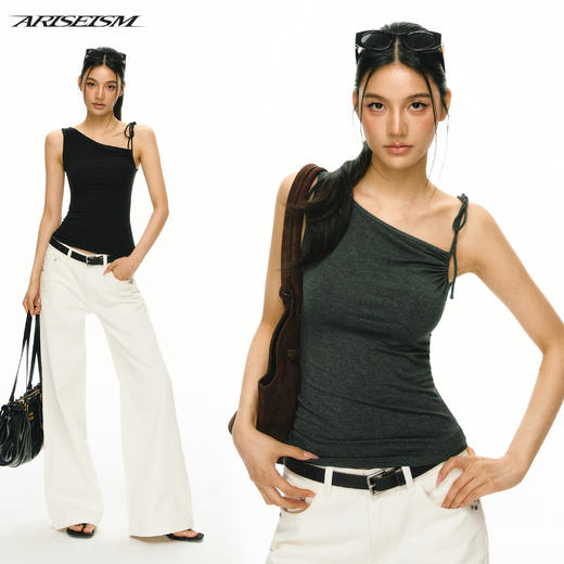 Ariseism 美式复古斜肩绑带吊带女夏季新款外穿上衣 商品图0