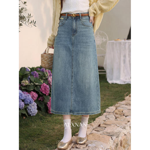 鹿向南「枫屿浅序」蓝色半身裙女夏季新款高腰显瘦休闲A字中长裙 商品图3