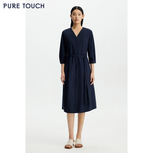 PURE TOUCH女装 26春夏新款V领纯棉连衣裙七分袖衬衫裙过膝中长裙 商品图1