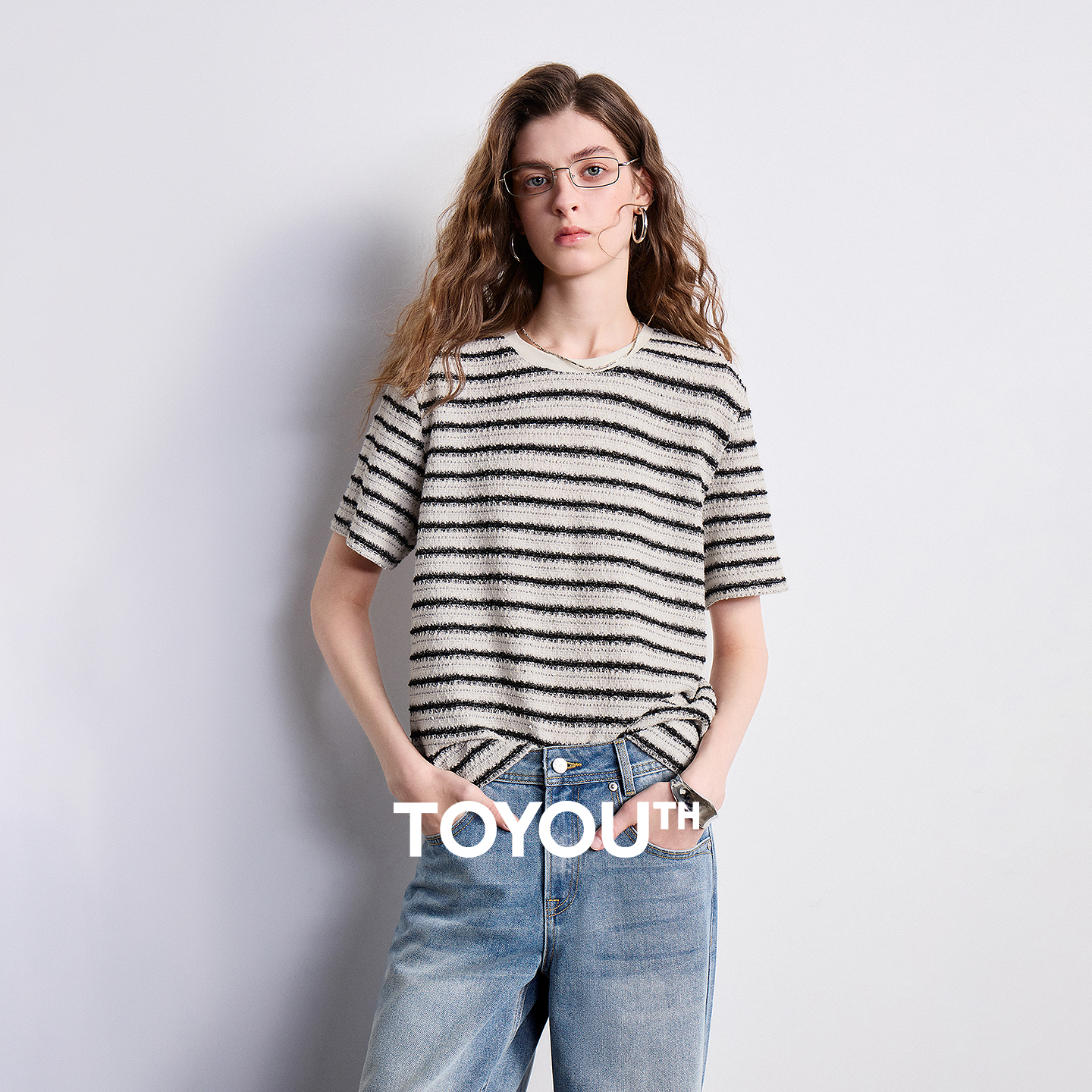 初语条纹T恤女新款小香风圆领合体时尚重工上衣8621032