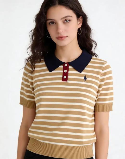 【xjwm1】贵子新款女士时尚条纹针织翻领短袖T恤！！ 商品图0