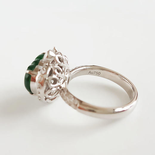 【天然正品】A货翡翠AU750白金镶钻镶天然细腻冰种满绿如意（万事如意）翡翠戒指 8号（戒圈可改）250326NJM40 商品图2