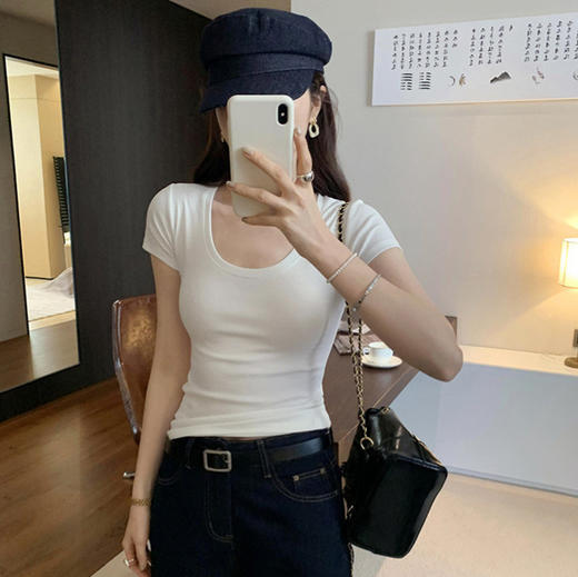 【显身材！透气舒适】辣妹正肩U领短袖T恤女春夏南油新款韩系修身小心机女装打底衫。xb 商品图3