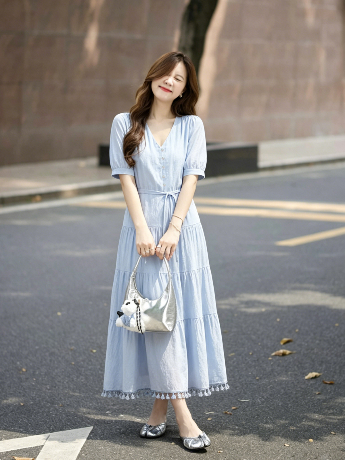 【百图lulu定制】【汀兰连衣裙】V领 短袖 流苏边 腰部系绳 修身显瘦 垂感十足连衣裙