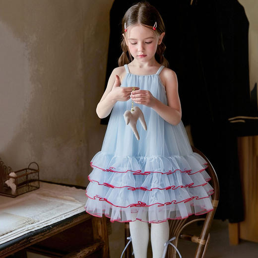 【清凉透气！甜美亮眼】女童蓝色连衣裙2026夏季宝宝甜美沙滩公主裙儿童吊带蓬蓬礼服纱裙。xb 商品图2