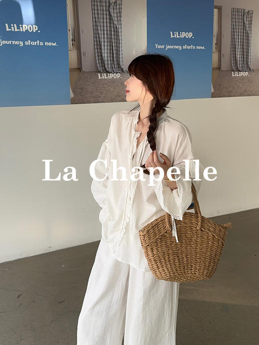 专柜实拍【温柔老钱感！】拉夏贝尔/La Chapelle法式镂空花边暗扣系带设计全棉长袖衬衫韩系小众上衣女 商品图5