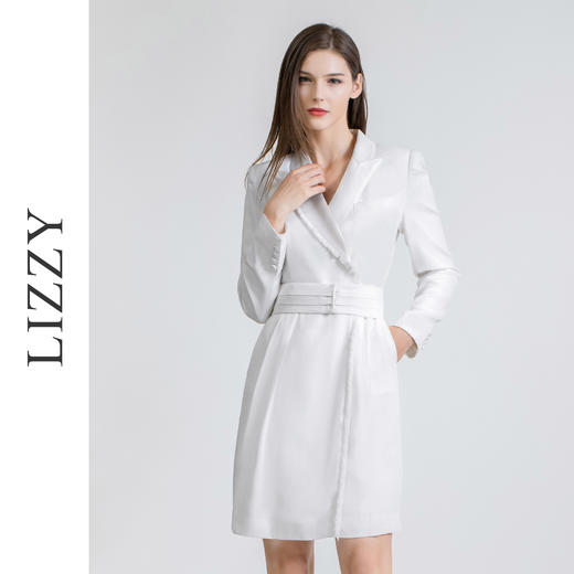 LIZZY 气质知性OL范缎面西装领不对称手工流苏边连衣裙（配腰带）7413 商品图0