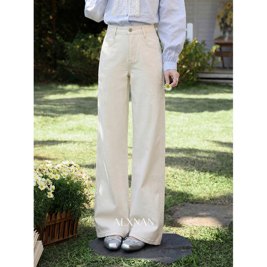 鹿向南「柔纱阔意」白杏色阔腿牛仔裤女夏季小个子高腰宽松裤子 商品图1