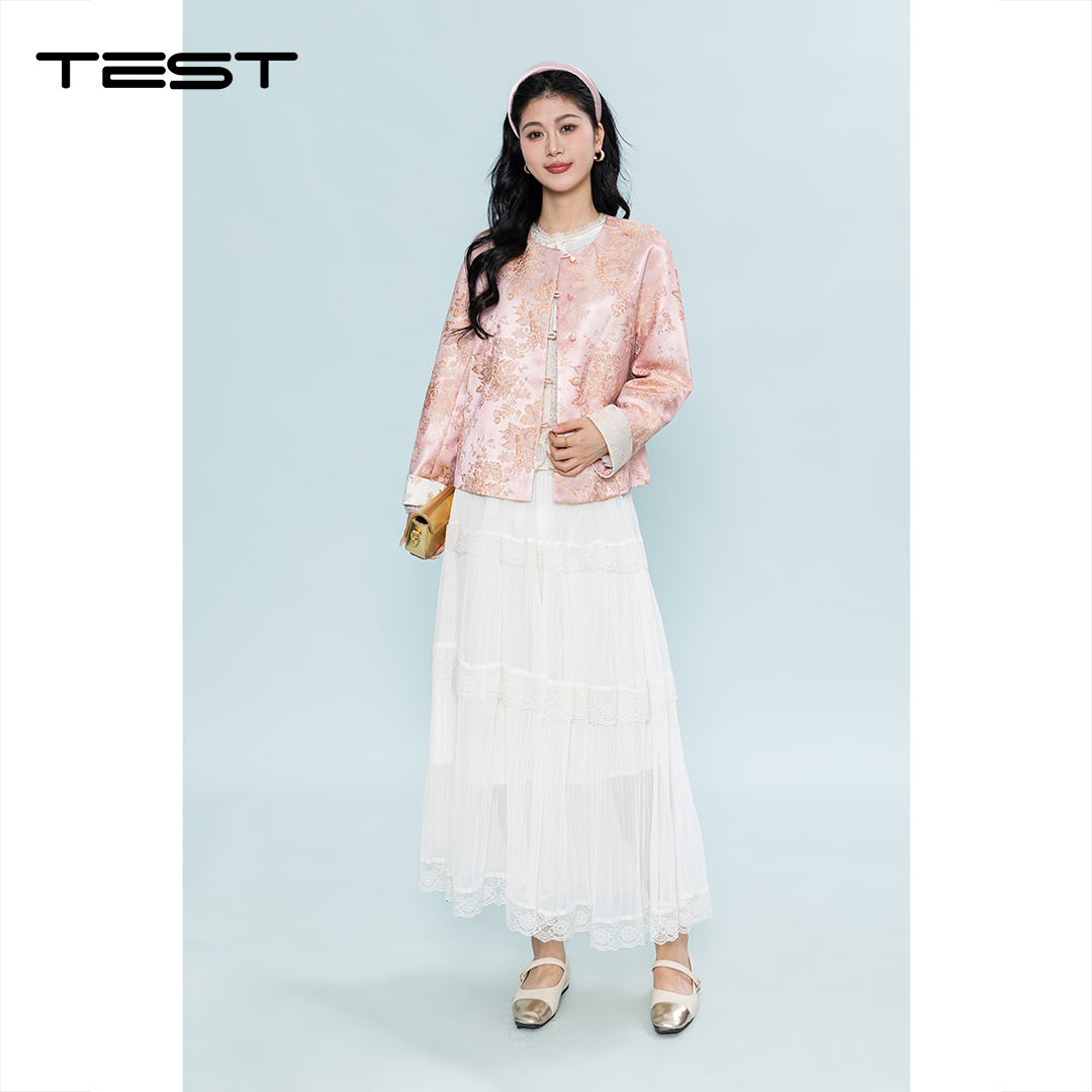 夏上新新中式国风粉色提花盘扣圆领长袖短款外套2262005