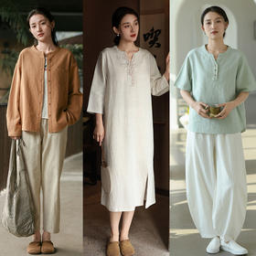 【春夏女装丨女款棉麻服饰系列】面料舒适干爽不易粘身，款式设计兼具休闲感与轻复古风，上身简洁利落，轻松打造慵懒文艺范