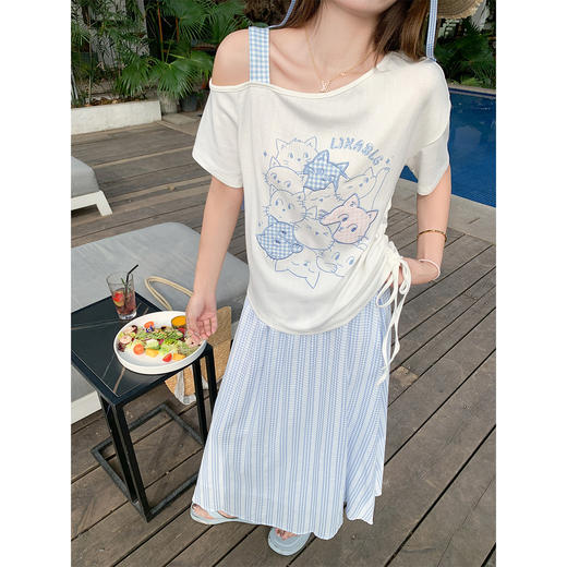 <曾小咸推荐>4.13现货秒杀 ！微信超特价！韩系斜肩刺绣小猫短袖 日常139.99 立减80 秒杀59.99！！ 商品图4