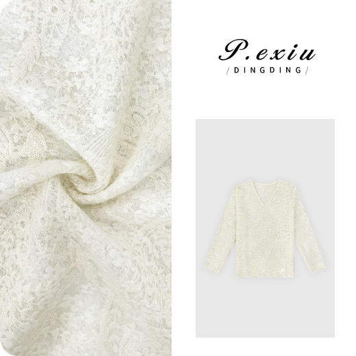 04-3潘依绣丁丁宠粉【椰蓉布丁】温柔风勾花刺绣花边V领长袖上衣 W-63297 商品图0