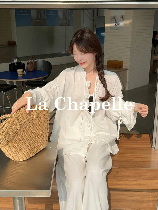 专柜实拍【温柔老钱感！】拉夏贝尔/La Chapelle法式镂空花边暗扣系带设计全棉长袖衬衫韩系小众上衣女 商品图1