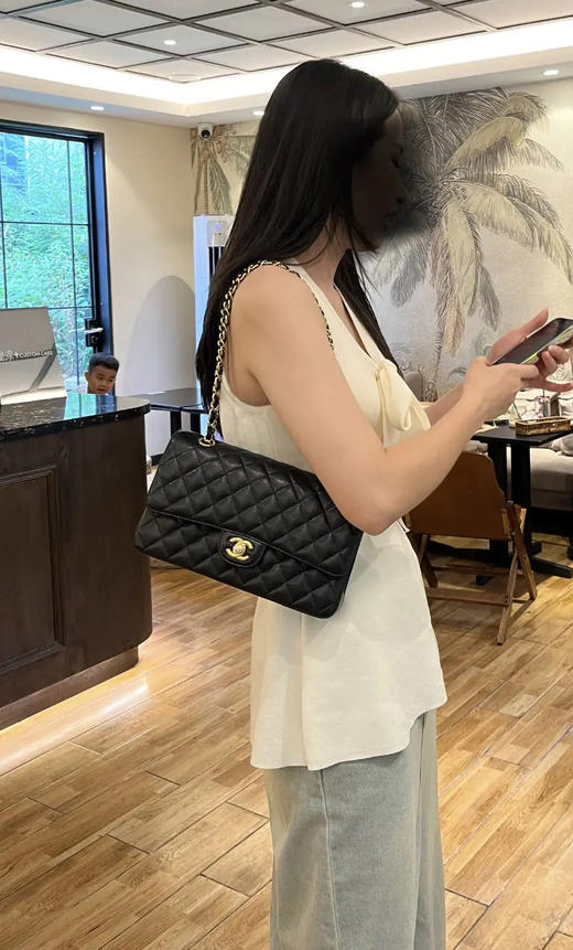 Chanel CF  中号 黑金 羊皮 单肩包 商品图3
