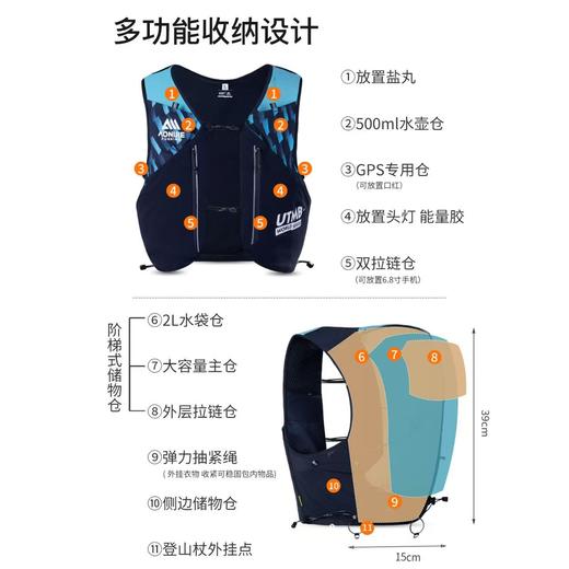 勃朗峰系列越野背包—UTMB蓝【送杖包+水壶】 商品图1