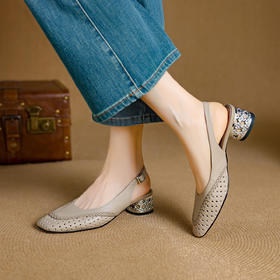 【预售5天】设计感小众编织羊皮方头镂空洞洞鞋法式粗跟一字带包头罗马凉鞋K1623