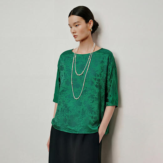 【林栖设计小店】琉璃繁缕|绿色优雅提花百搭宽松显瘦夏新品衬衫上衣T1962302 商品图1