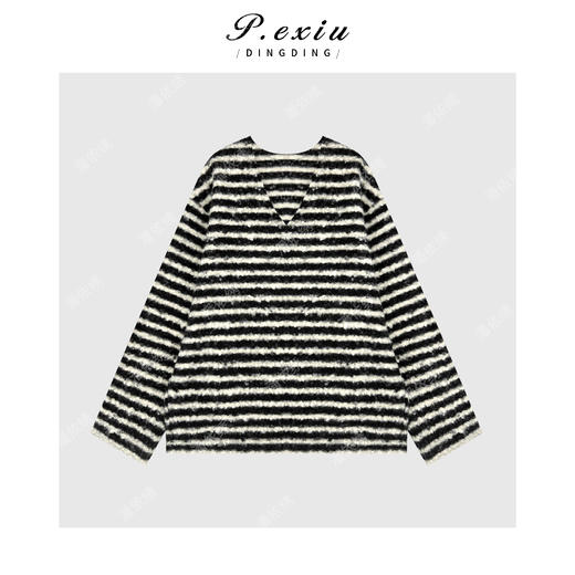 04-4潘依绣丁丁宠粉圈圈纱宽松慵懒减龄条纹撞色V领长袖上衣 WH00380 商品图1