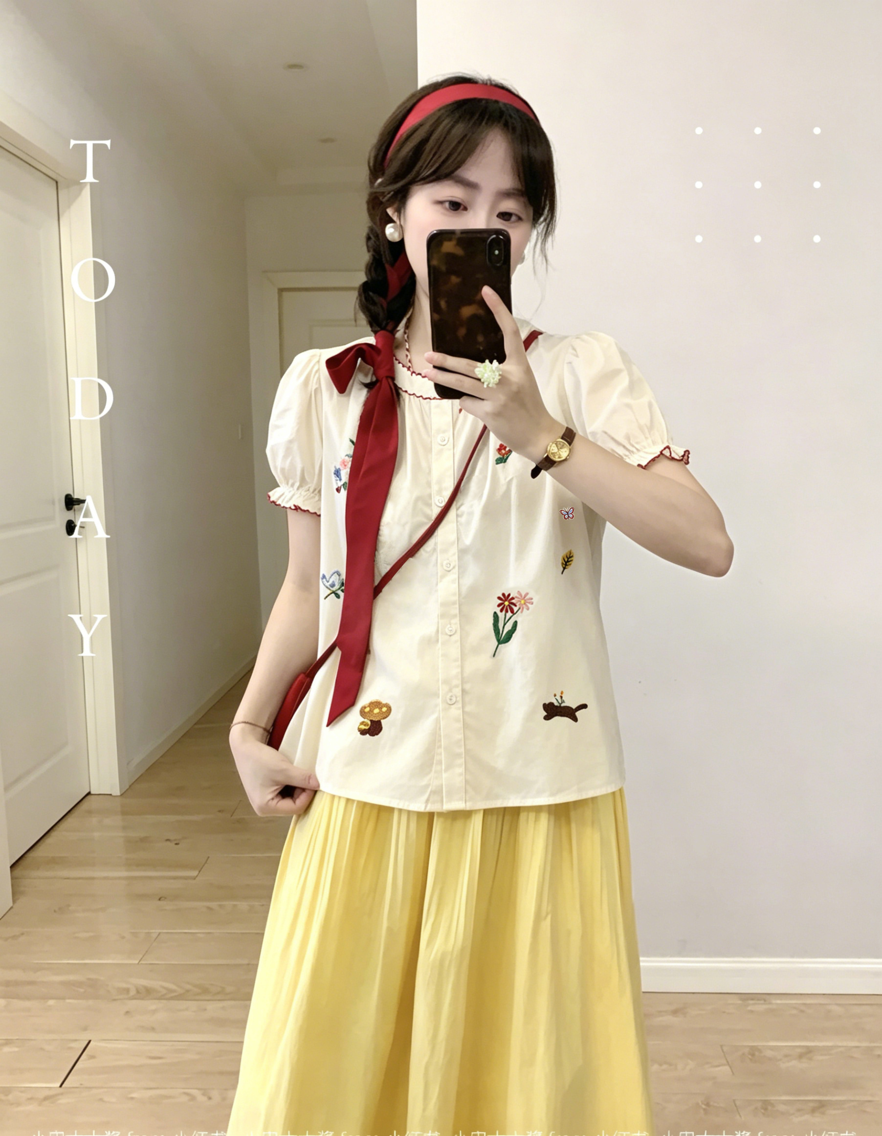 【百图lulu定制】【预售4月23日发】【玫瑰小衫】刺绣花朵 新疆长绒棉 泡泡袖短袖衬衫