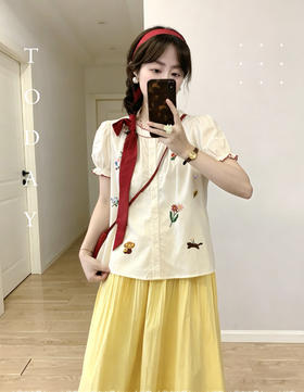 【百图lulu定制】【预售4月23日发】【玫瑰小衫】刺绣花朵 新疆长绒棉 泡泡袖短袖衬衫