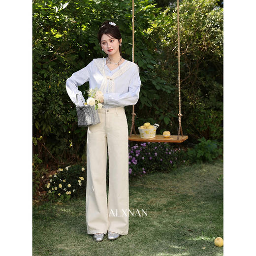 鹿向南「柔纱阔意」白杏色阔腿牛仔裤女夏季小个子高腰宽松裤子 商品图2