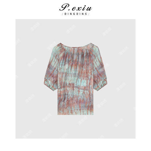 04-3潘依绣丁丁宠粉PanYiXiu/潘依绣天丝复古晕染设计款V领气质短袖衬衫 SH1232 商品图2