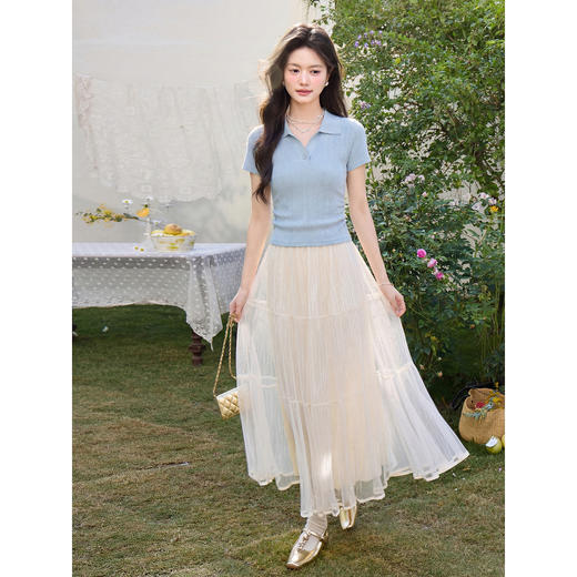 鹿向南「静夏时光」浅蓝色针织衫女夏季新款气质舒适修身短袖上衣 商品图2