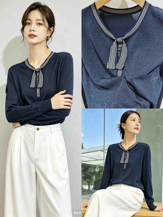 589577天丝条纹圆领长袖针织套头衫 商品图1