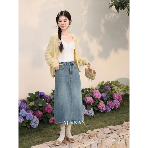 鹿向南「枫屿浅序」蓝色半身裙女夏季新款高腰显瘦休闲A字中长裙 商品图2