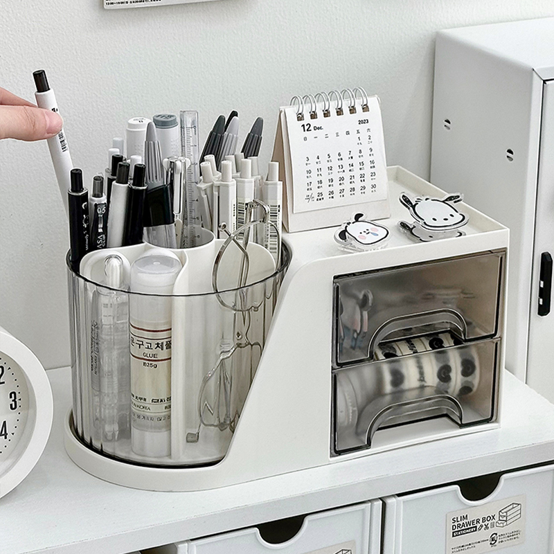 【大容量360°旋转收纳 抽屉式笔筒】学生书桌办公室通用顺滑易拉 分格收纳 一筒搞定！